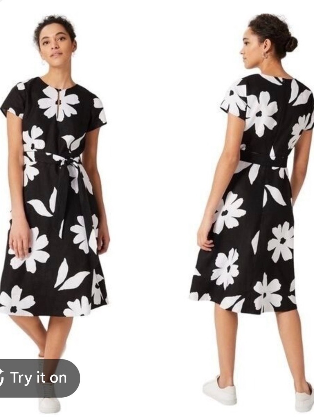 Hobbs London Regina Linen Midi Black & White Floral Tie-Waist Midi Dress